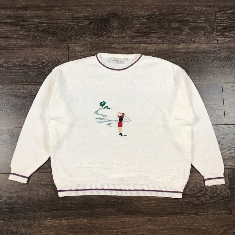 Jacobson’s Vintage 80’s Women’s Embroidered White Crewneck Golf Sweater Size XL